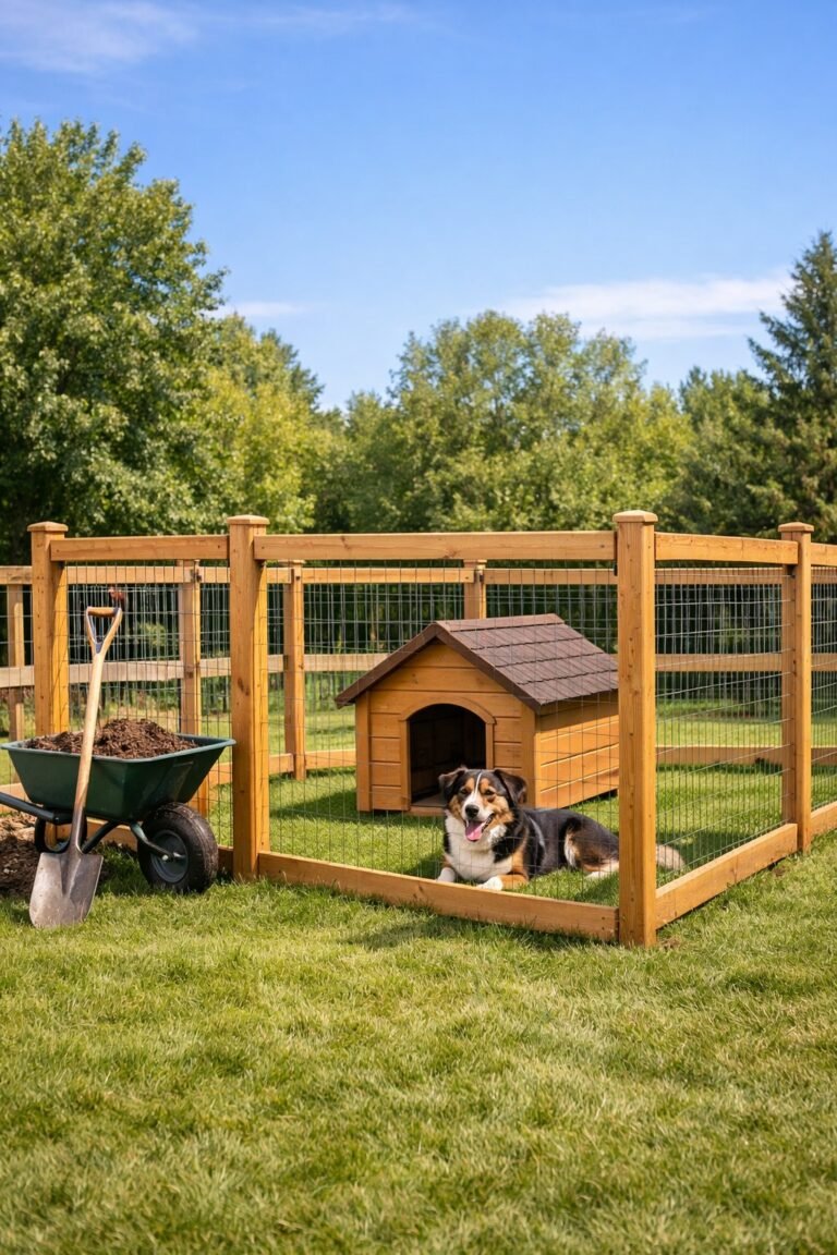 A fenced backyard dog run with a doghouse and a dog inside on grass under a sunny sky.