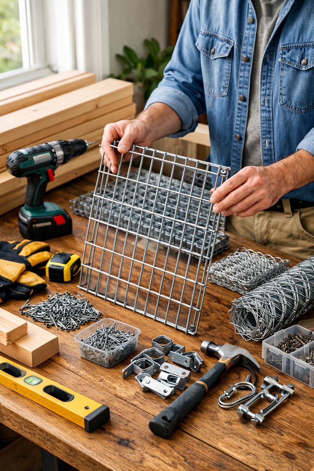 A person selecting materials and tools on a workbench for building a dog run.