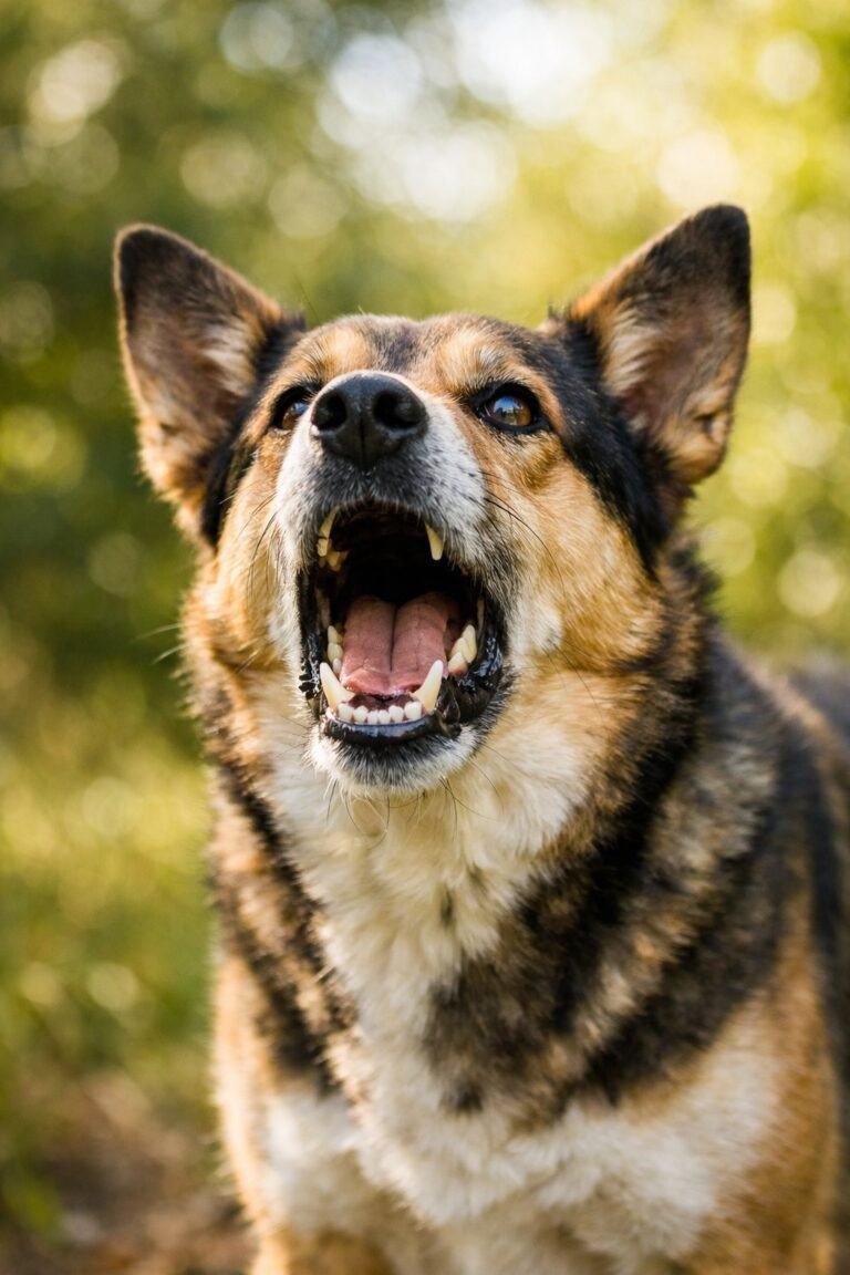 A medium-sized dog barking outdoors with its mouth open and ears perked up.