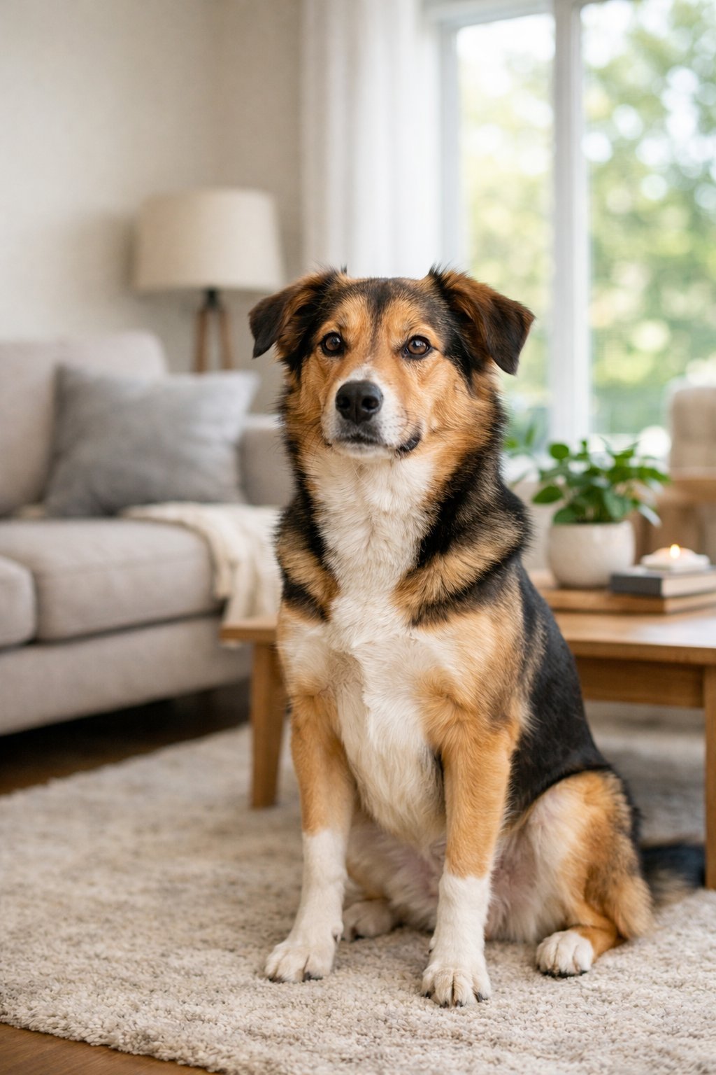 A calm dog sitting quietly in a living room with a sofa, coffee table, and window.