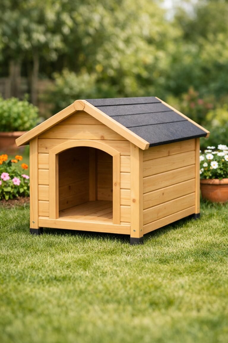 A simple wooden dog house on green grass with flowers around it.