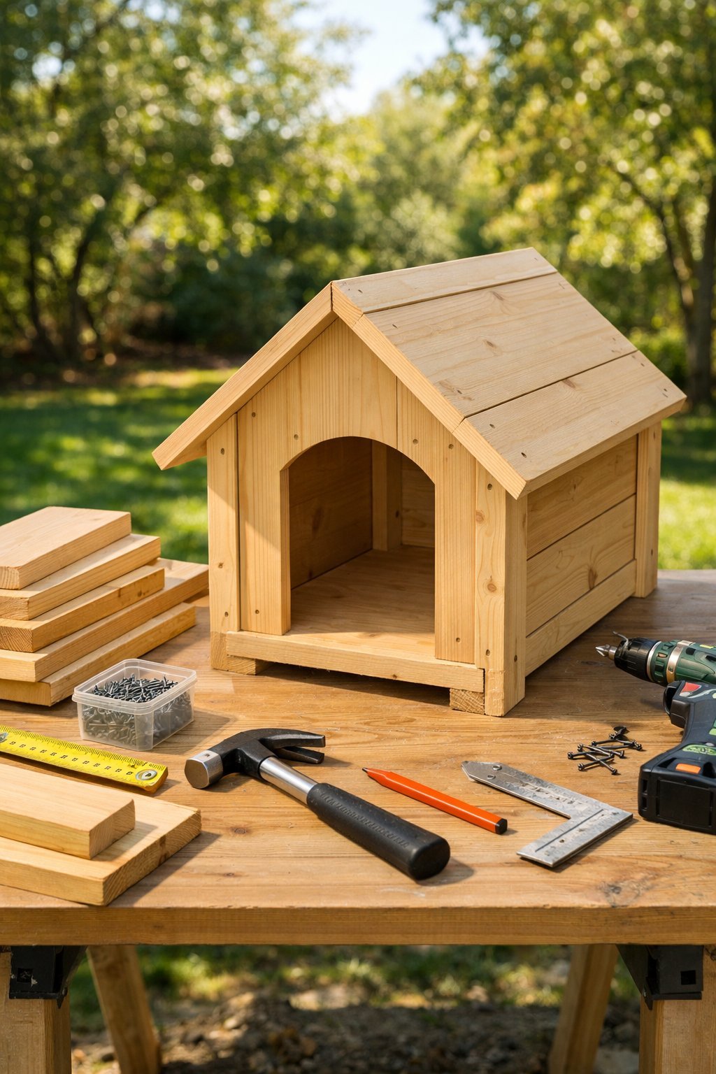 A partially built wooden dog house on a workbench surrounded by tools and wooden planks in a sunny garden.