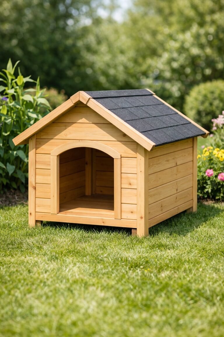 A simple wooden dog house outdoors on green grass surrounded by plants and flowers.