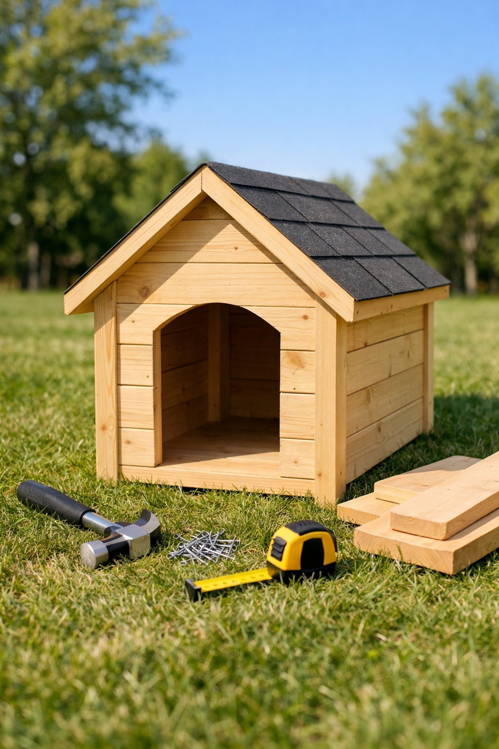 A simple wooden dog house on grass with tools nearby and trees in the background.
