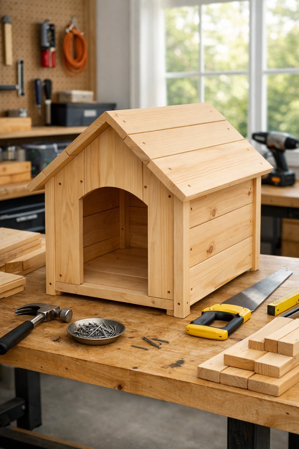 A partially built wooden dog house on a workbench surrounded by tools in a bright workshop.
