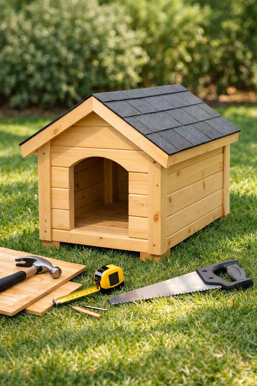 A small wooden dog house on grass with basic woodworking tools nearby in a garden setting.