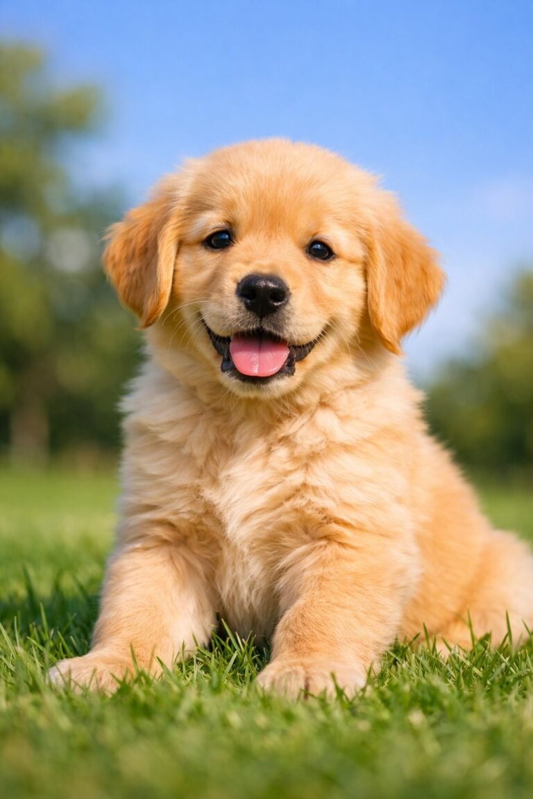Golden retriever puppy sitting on grass outdoors with a blurred background.