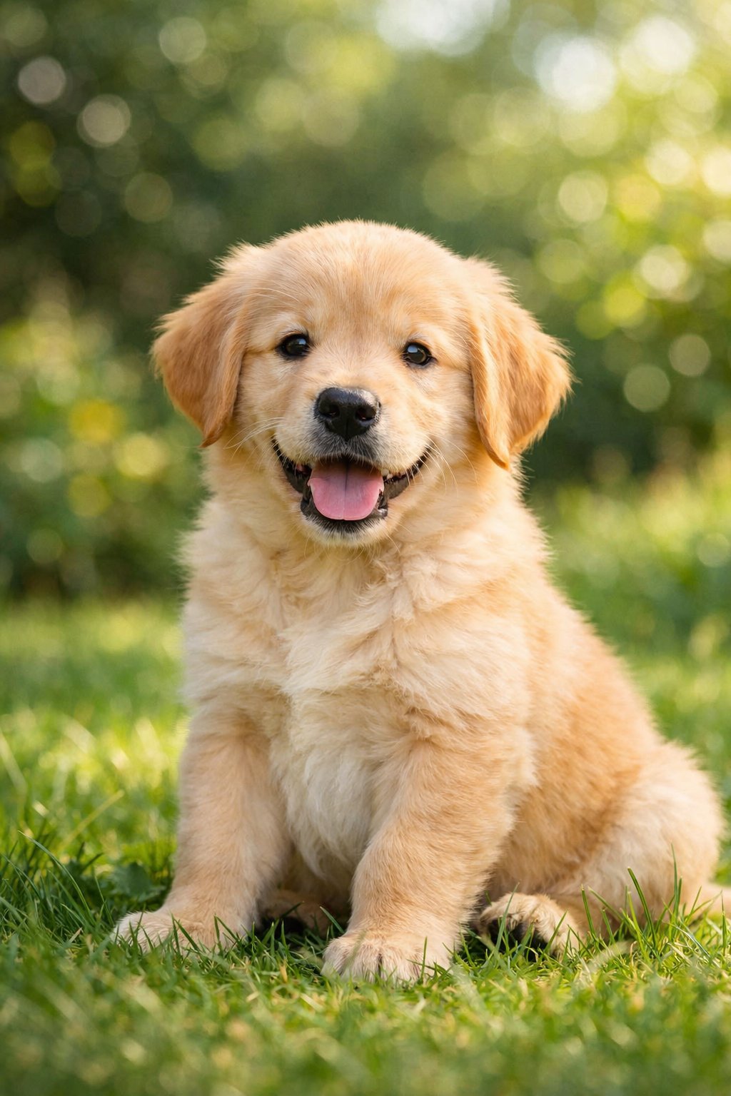 A golden retriever puppy sitting on green grass outdoors, looking happy and curious.