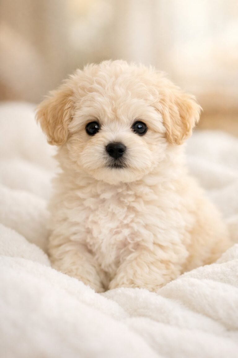 A Maltipoo puppy with cream-colored fur sitting on a white blanket looking at the camera.