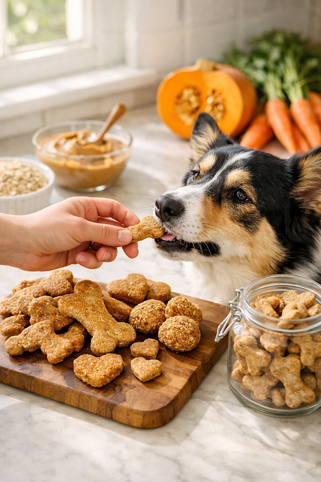 A happy dog receiving a homemade treat from a person’s hand in a bright kitchen with fresh dog treats and natural ingredients on the countertop.