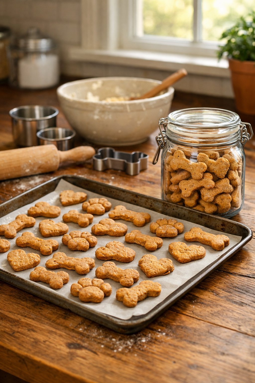 A kitchen countertop with freshly baked dog biscuits on a baking sheet and a glass jar filled with dog treats nearby.