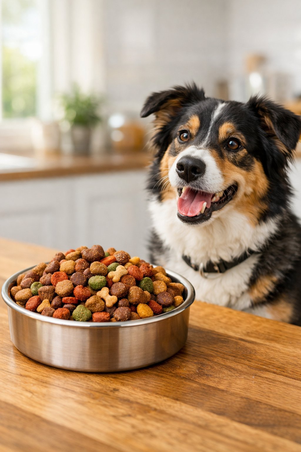 A happy dog sitting next to a bowl filled with dog food on a wooden surface in a bright kitchen.
