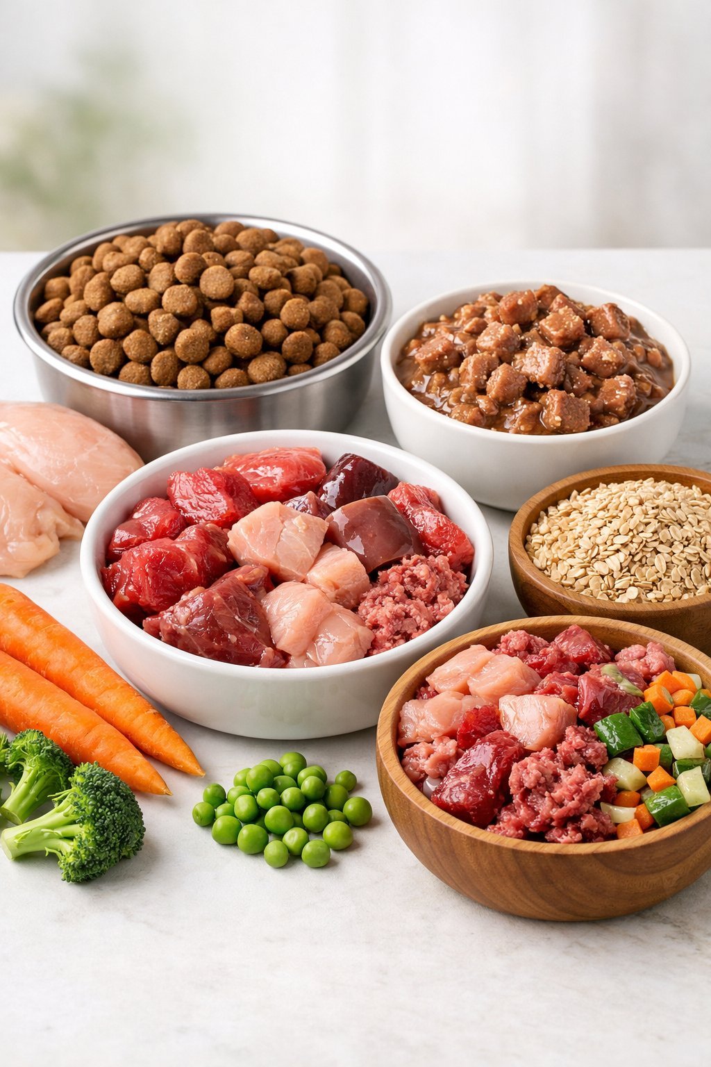 Various types of dog food including dry kibble, wet food, and raw ingredients arranged in bowls on a white surface.