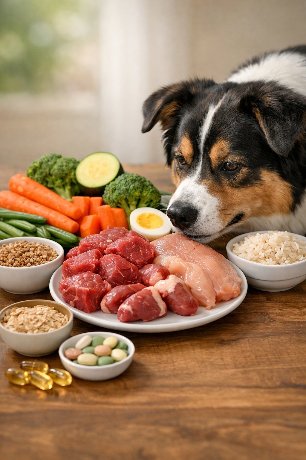 A happy dog next to fresh dog food ingredients including meat, vegetables, grains, and supplements on a wooden surface.