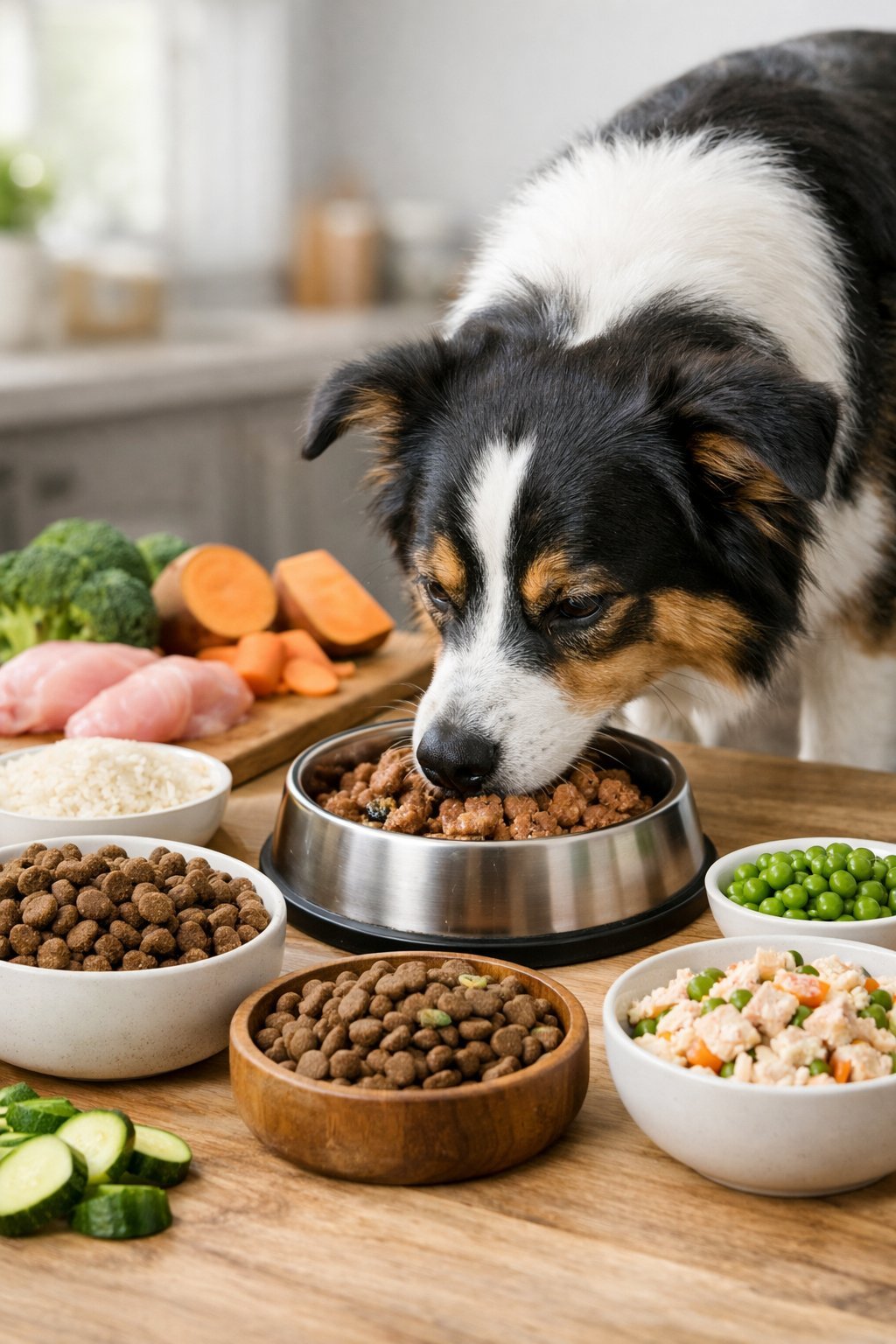 A healthy dog eating from a bowl surrounded by various types of dog food and fresh ingredients.