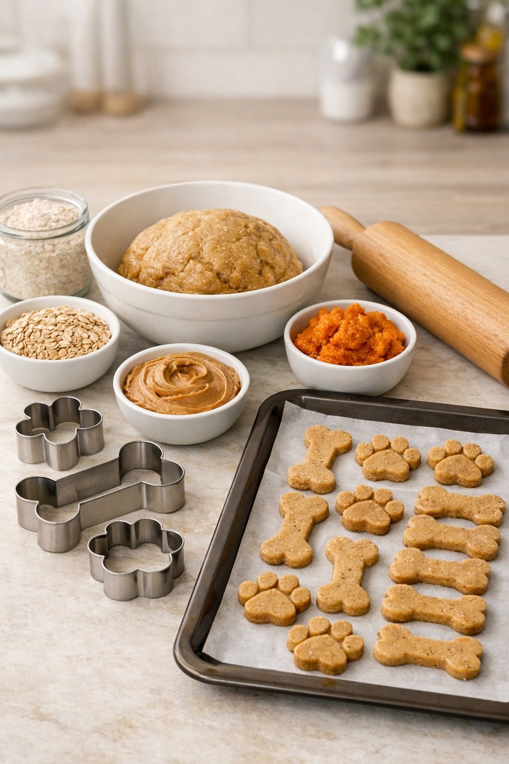 A kitchen countertop with dough, cookie cutters, and baking trays preparing dog-shaped cookies.