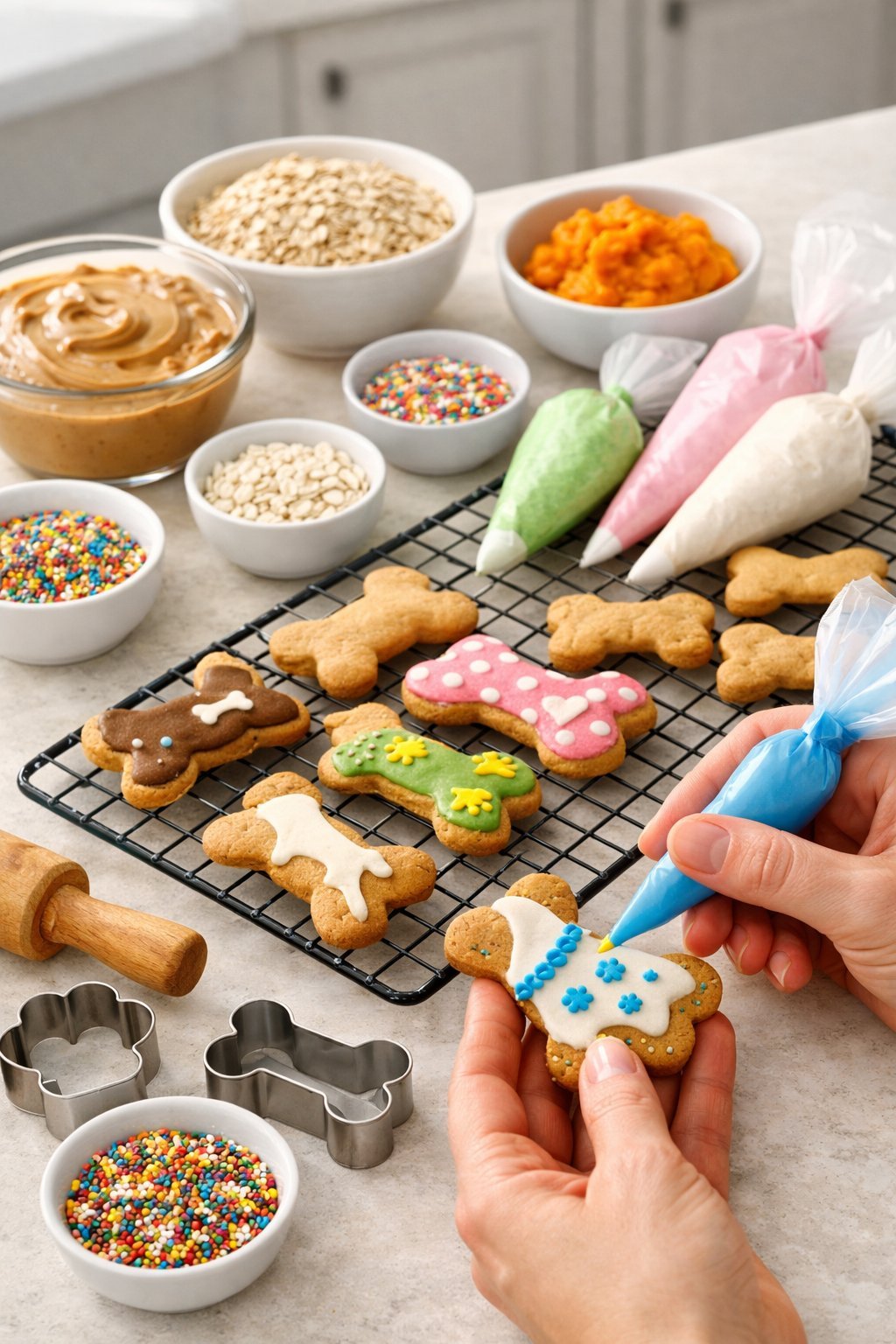 A kitchen countertop with freshly baked dog-shaped cookies being decorated by a person, surrounded by baking ingredients and tools.