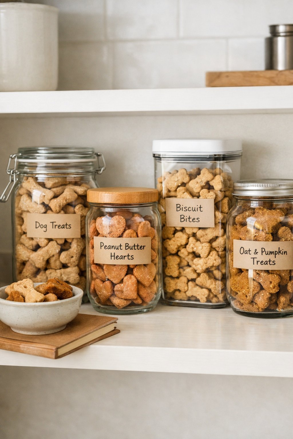 A kitchen shelf with glass jars filled with homemade dog cookies and a bowl of dog treats on a countertop.