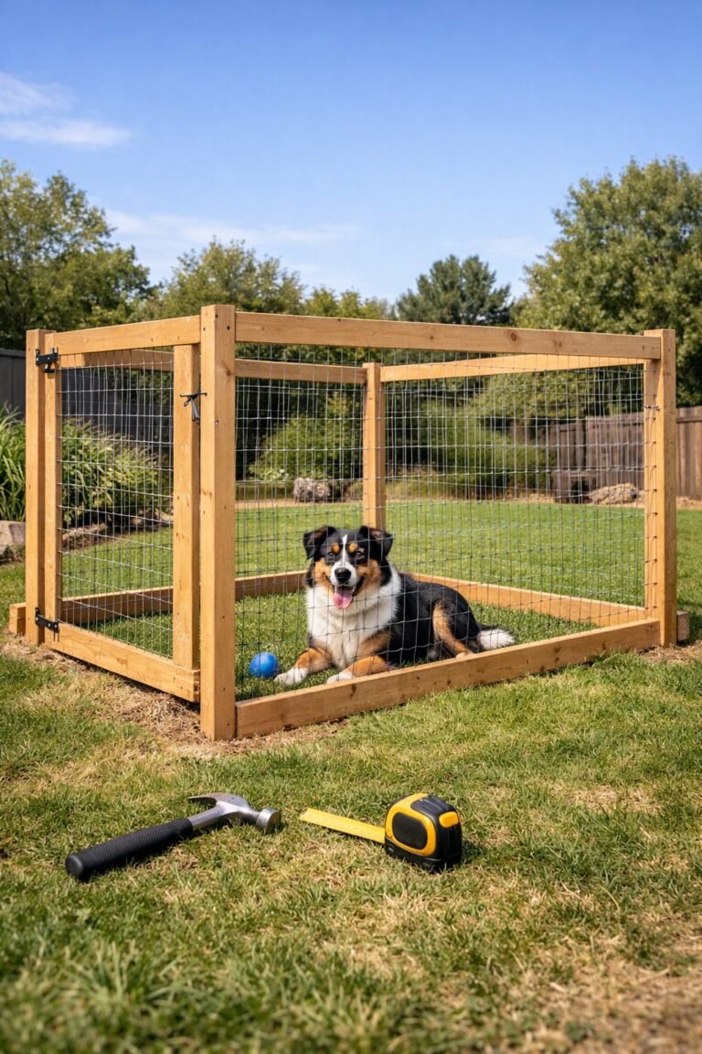 A medium-sized dog inside a simple wooden and wire mesh fenced dog run in a backyard with grass and garden plants.
