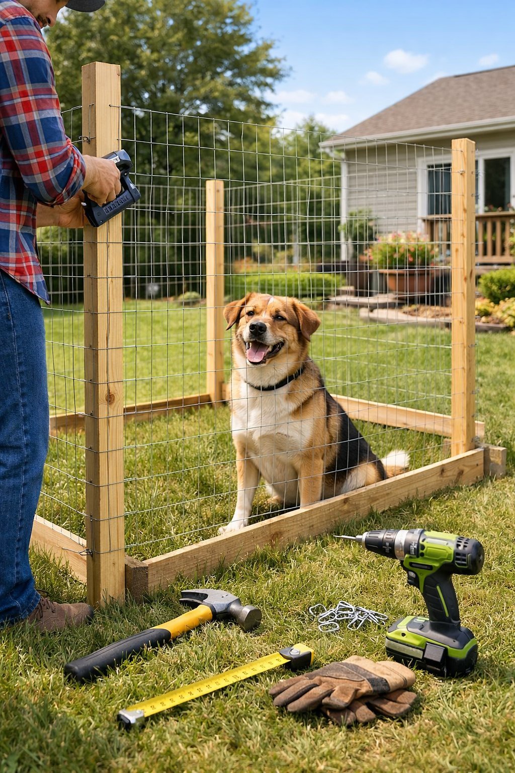 DIY Dog Run Cheap: Budget-Friendly Ways to Build a Safe Space for Your Pup Person building a simple dog run in a backyard with a dog inside the enclosure.