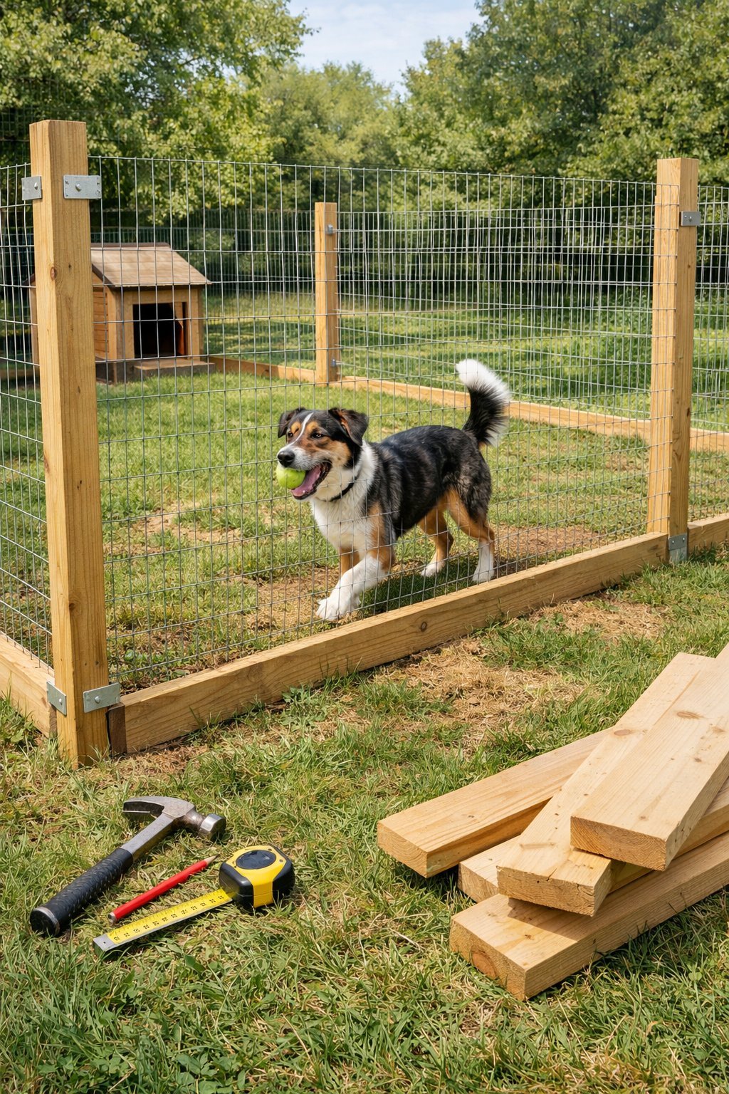 DIY Dog Run Cheap: Budget-Friendly Ways to Build a Safe Space for Your Pup A backyard dog run with a wire mesh fence and a dog playing inside.