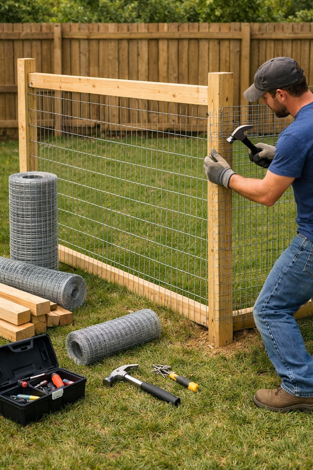 DIY Dog Run Cheap: Budget-Friendly Ways to Build a Safe Space for Your Pup A person building a dog run in a backyard using wooden posts and wire mesh fencing with tools and materials around.