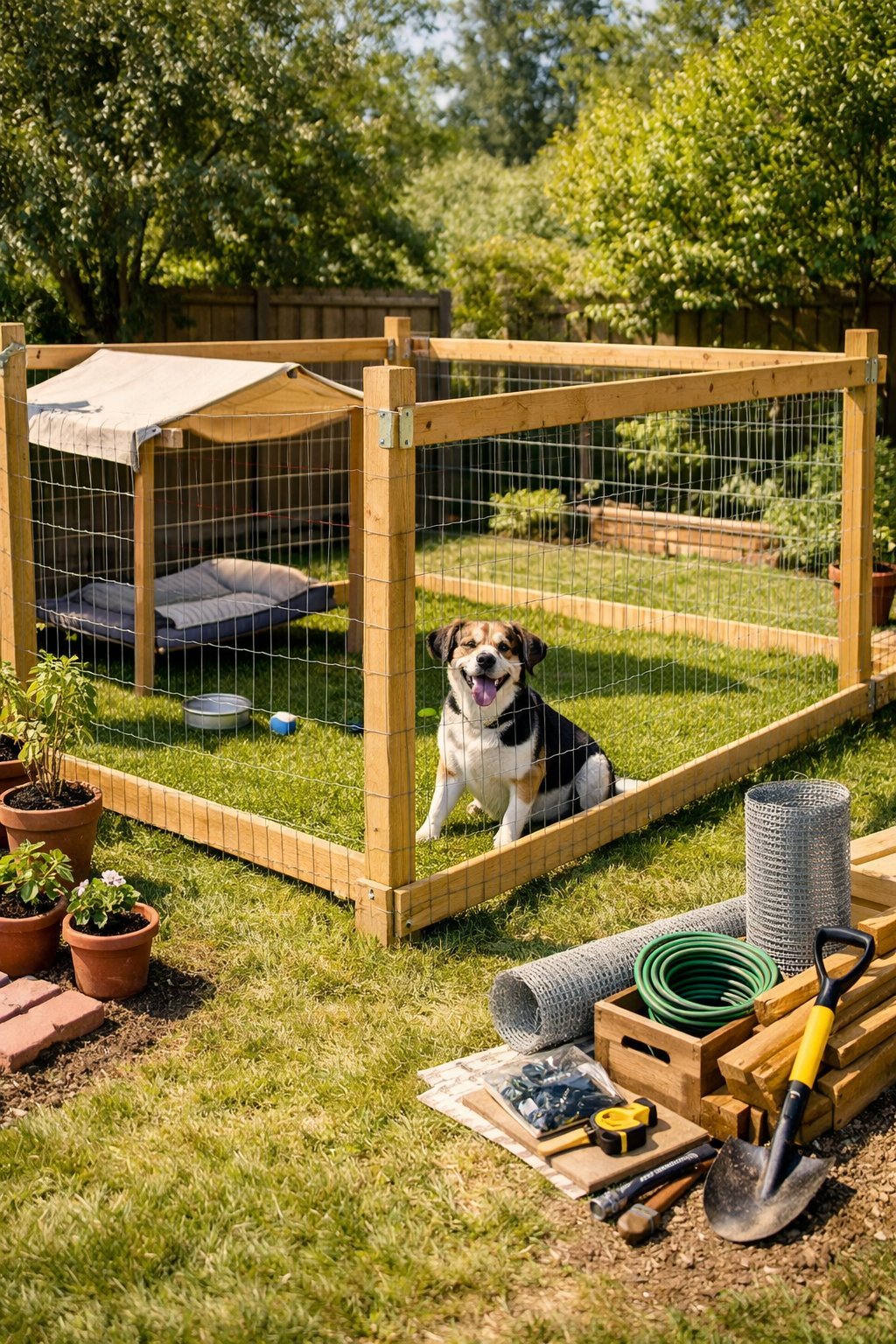 DIY Dog Run Cheap: Budget-Friendly Ways to Build a Safe Space for Your Pup A medium-sized dog playing inside a spacious DIY dog run made of wooden posts and wire mesh in a sunny backyard.