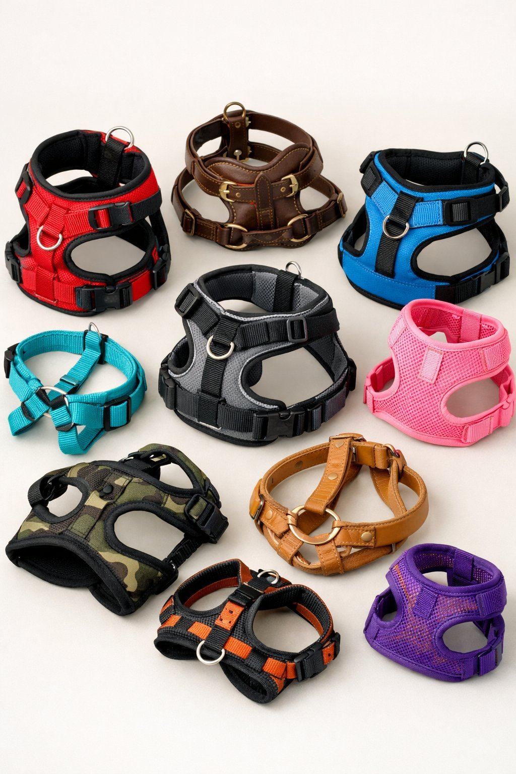 A variety of dog harnesses in different styles and colors arranged on a neutral background.