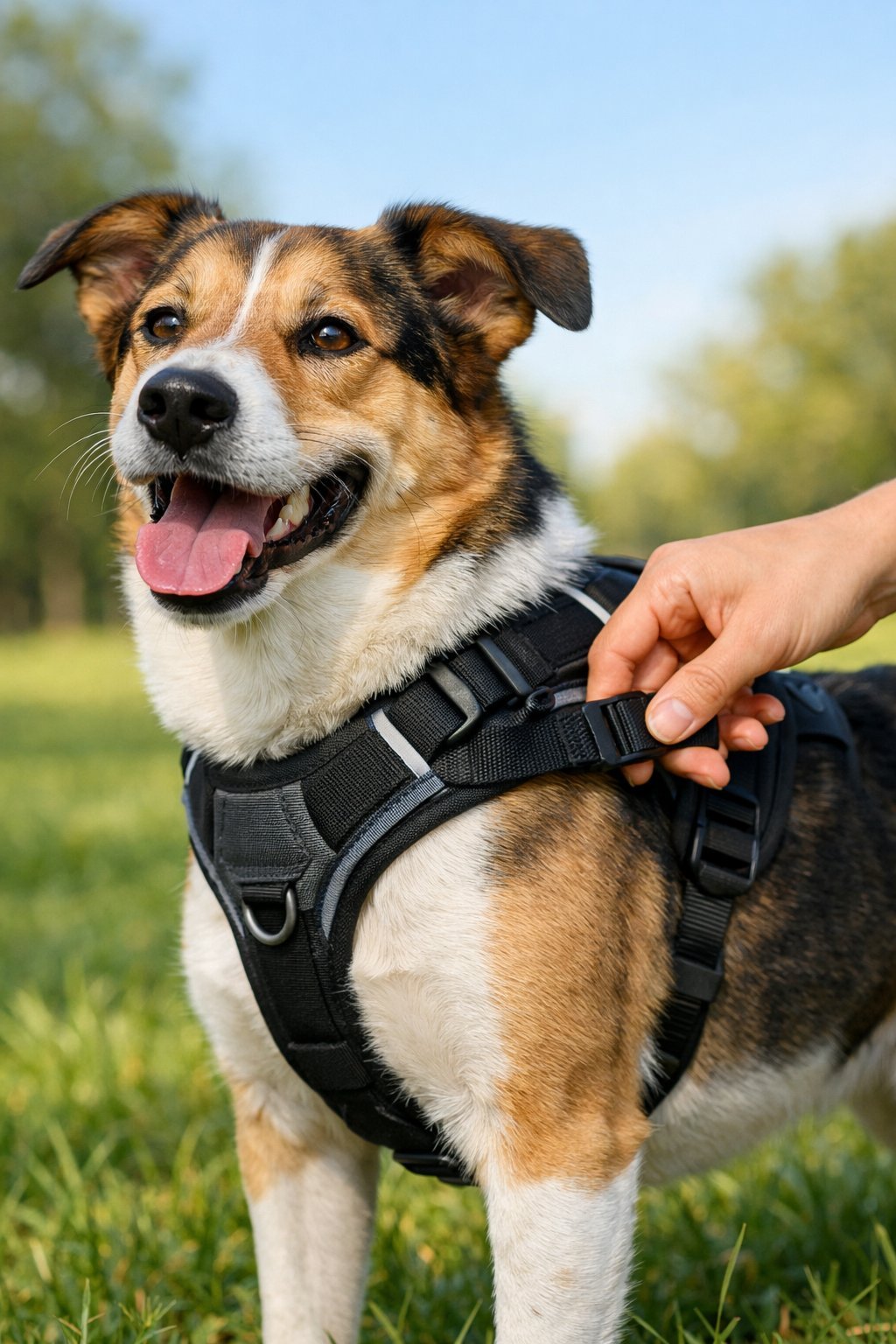 A dog wearing a properly fitted harness while a person adjusts the straps outdoors in a grassy park.