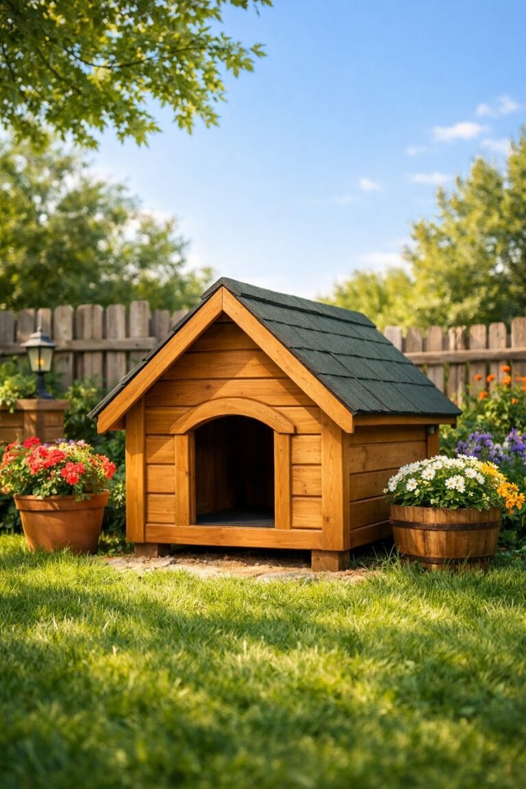 A wooden dog house in a green backyard with grass, flowers, and a wooden fence.
