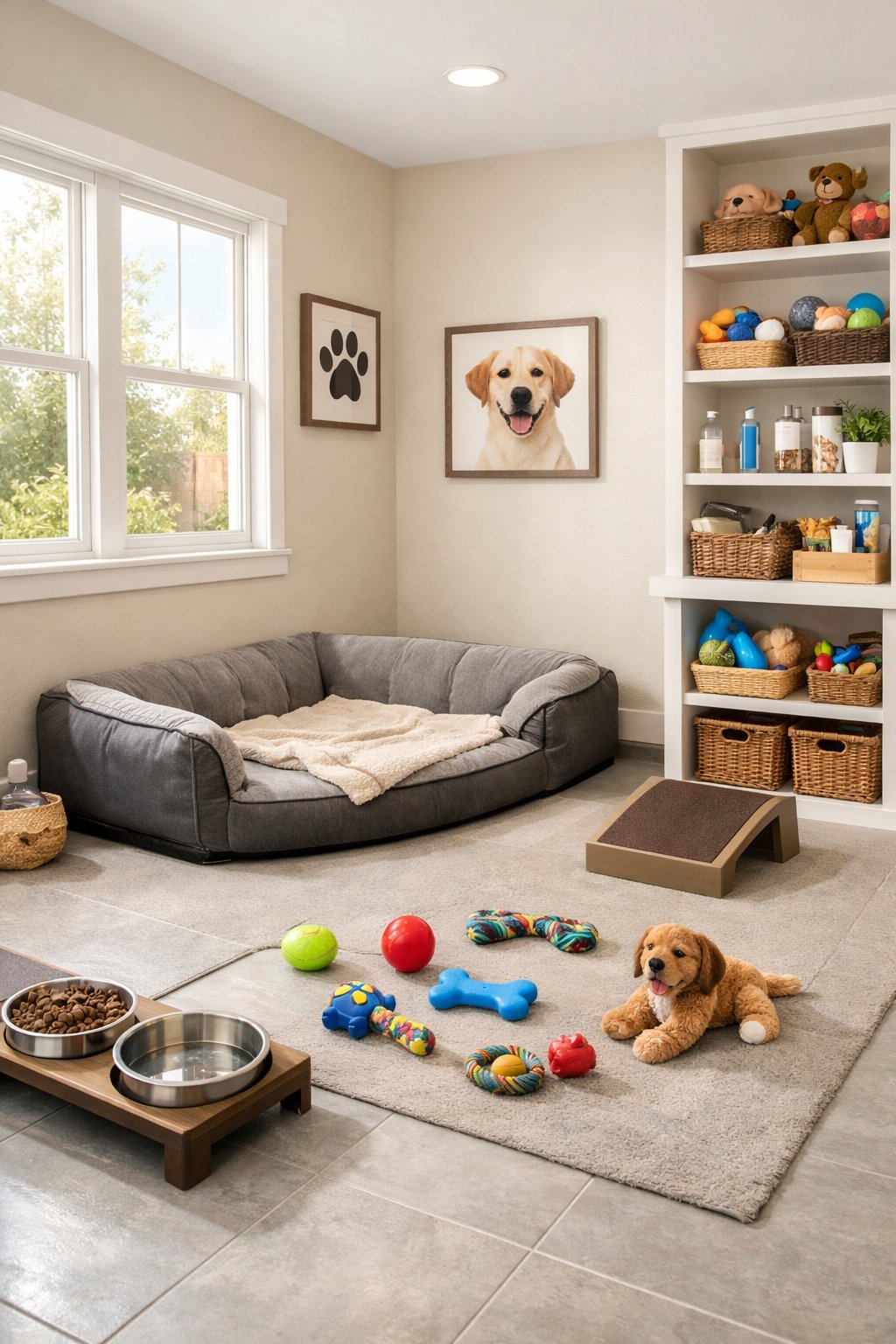 Indoor dog room with a cozy bed, feeding station, storage shelves, and toys in a well-lit, clean space.