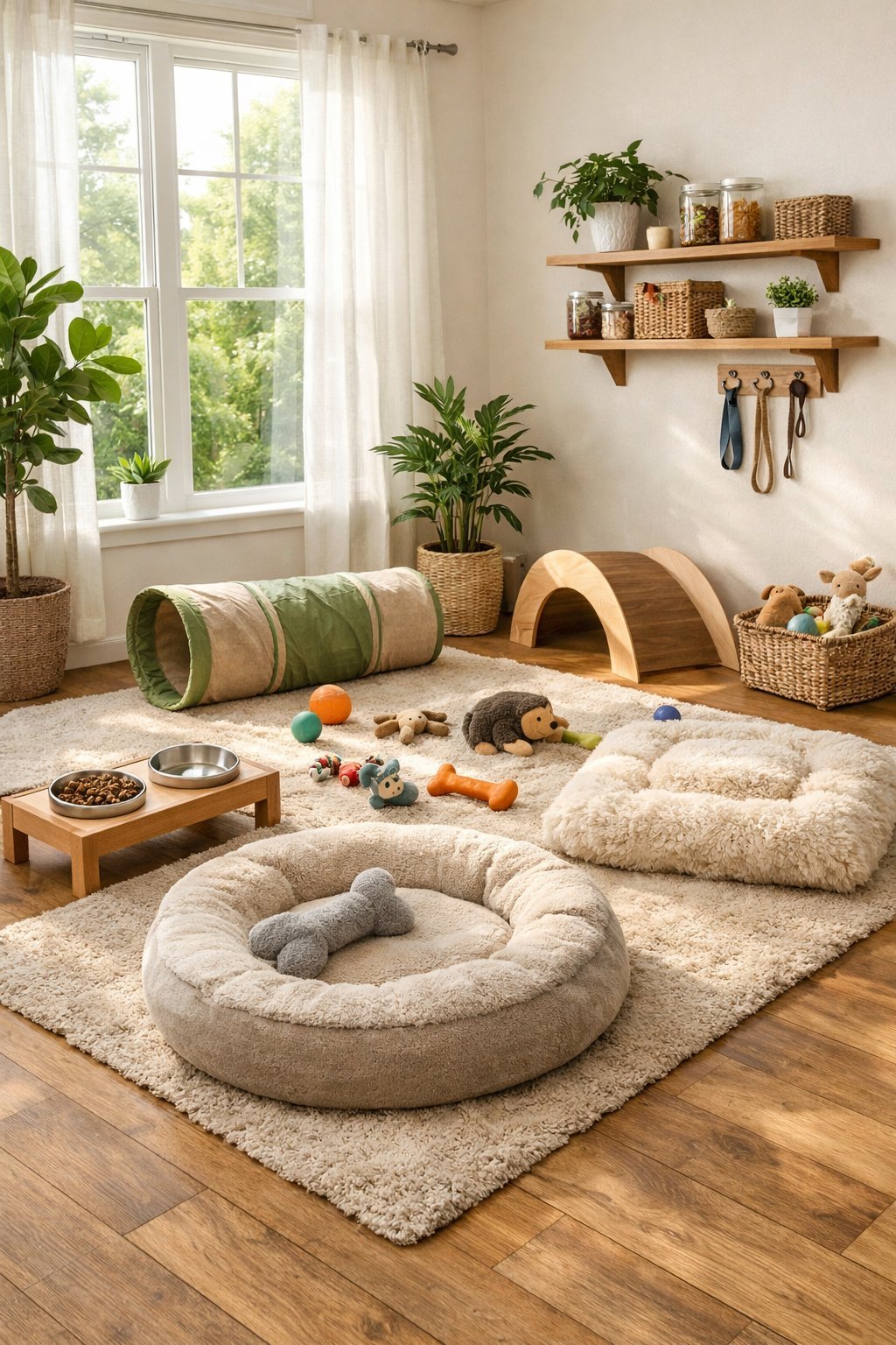A cozy indoor dog room with plush beds, toys, feeding station, plants, and natural light.
