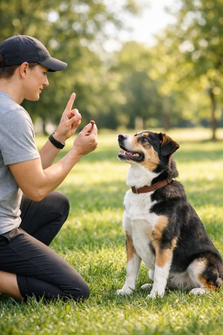 A dog trainer giving a command to a sitting dog outdoors in a park.