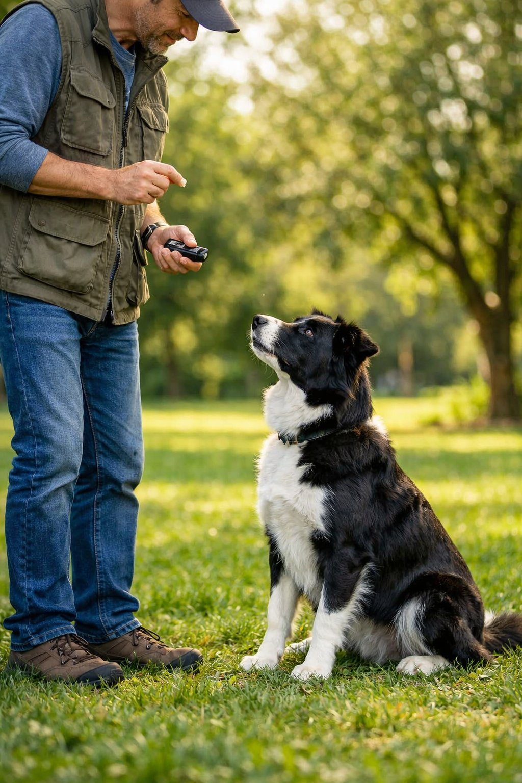 A dog sitting attentively next to a trainer outdoors during a training session.