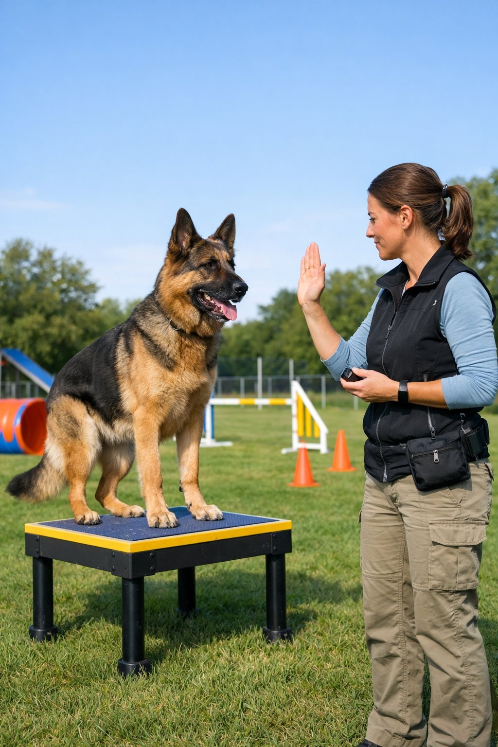A dog performing an advanced training exercise outdoors while a trainer gives commands.