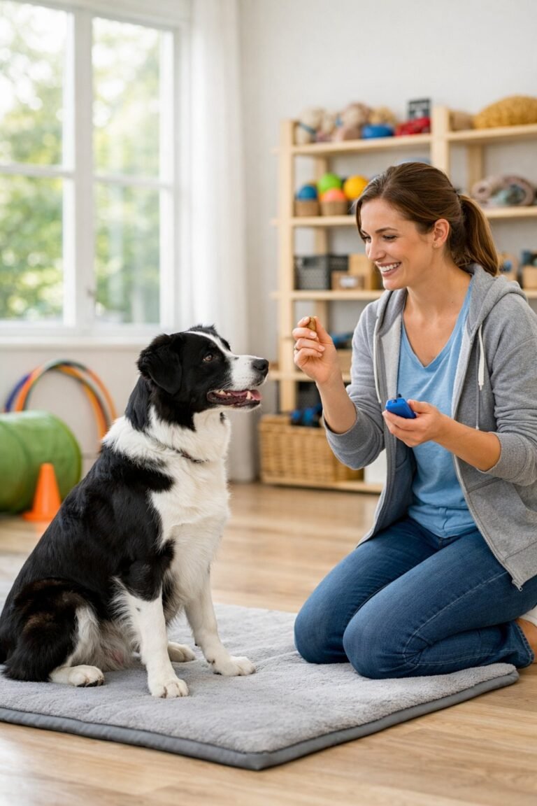 A person kneeling indoors training a medium-sized dog that is sitting attentively on a mat.