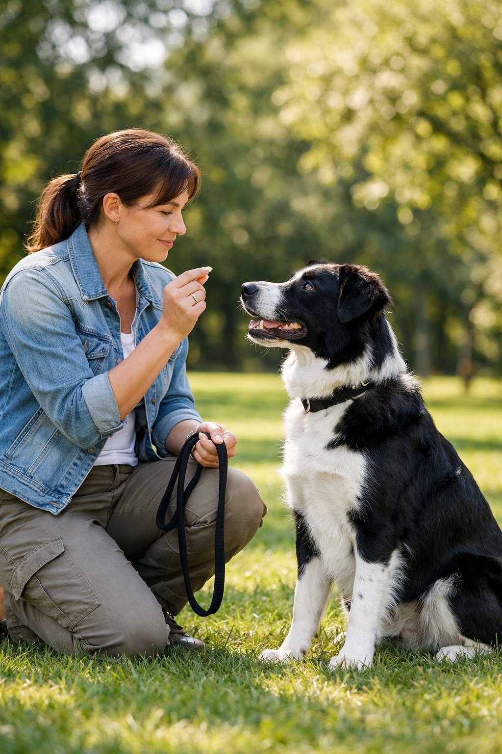 A dog sitting obediently next to a trainer who is holding a treat outdoors in a park.