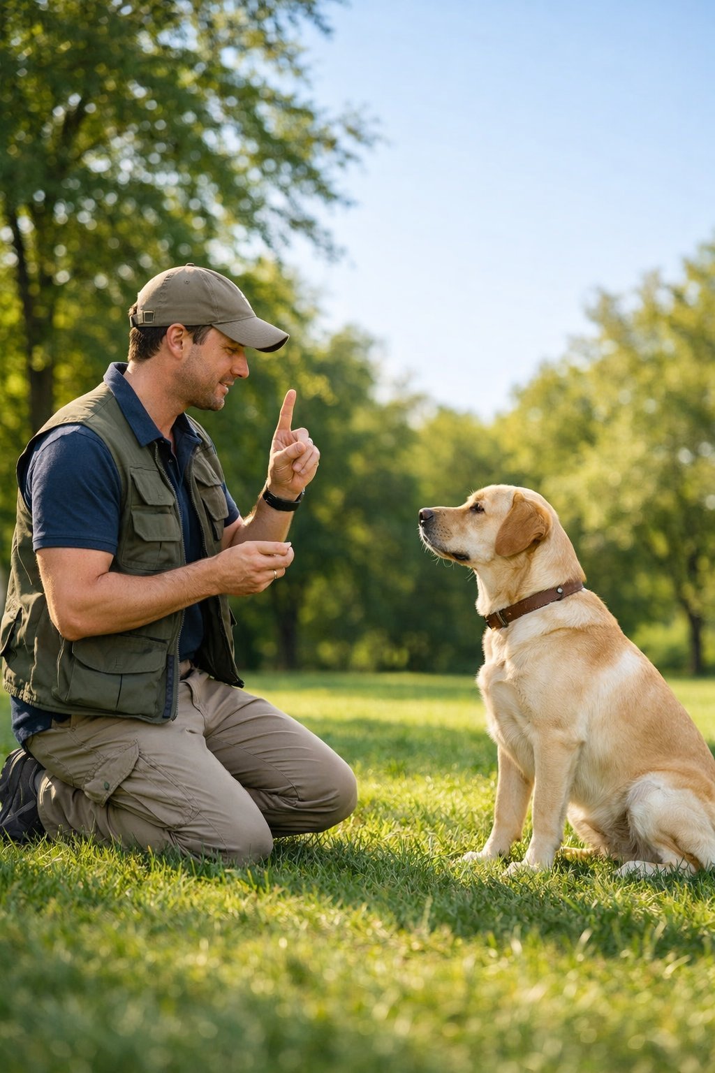 A dog trainer kneeling on grass giving a hand signal to a sitting dog in a sunny park.