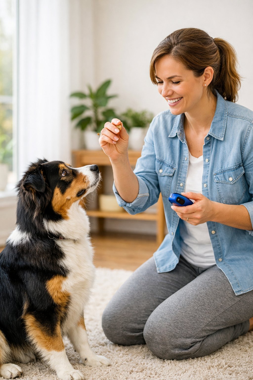 A person kneeling indoors training a medium-sized dog that is sitting attentively.