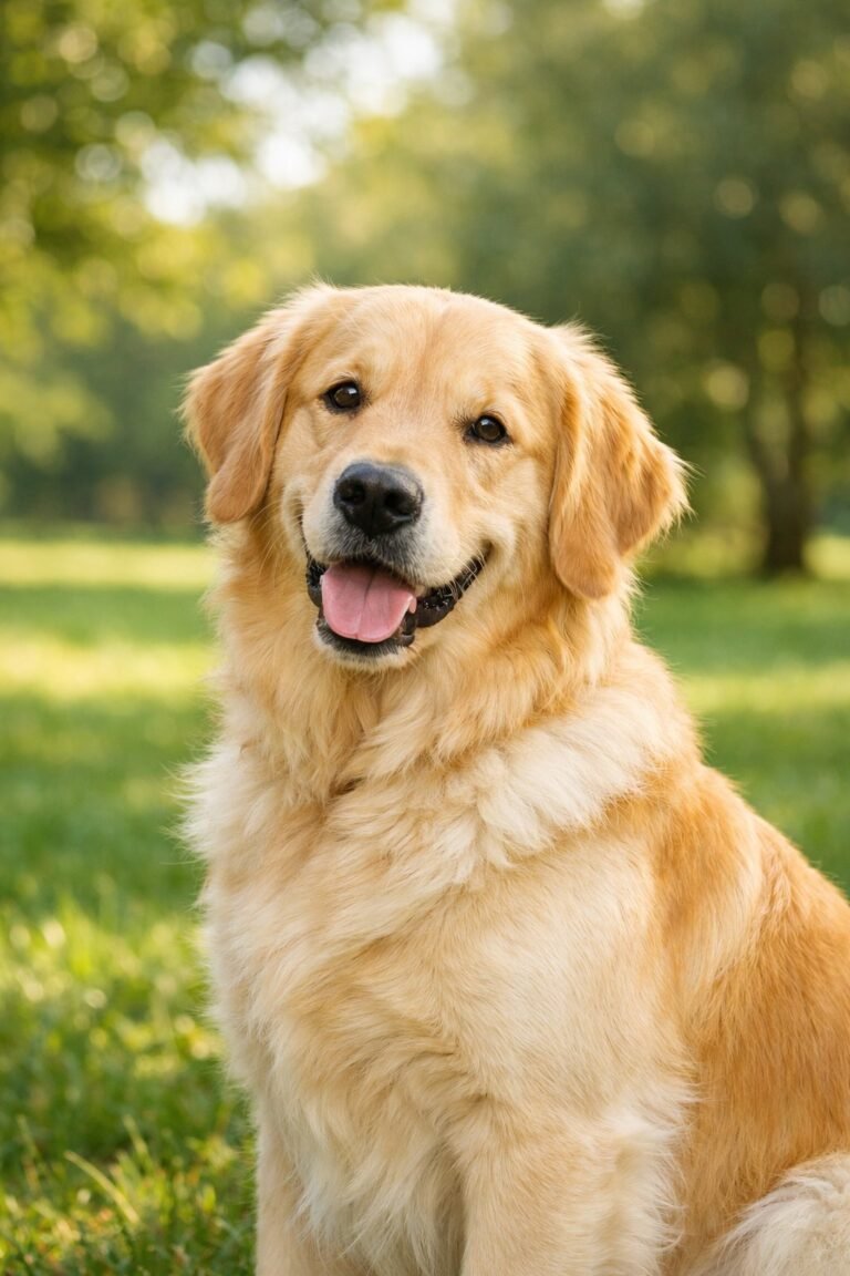 A golden retriever dog sitting outdoors in a park, looking happy and attentive.