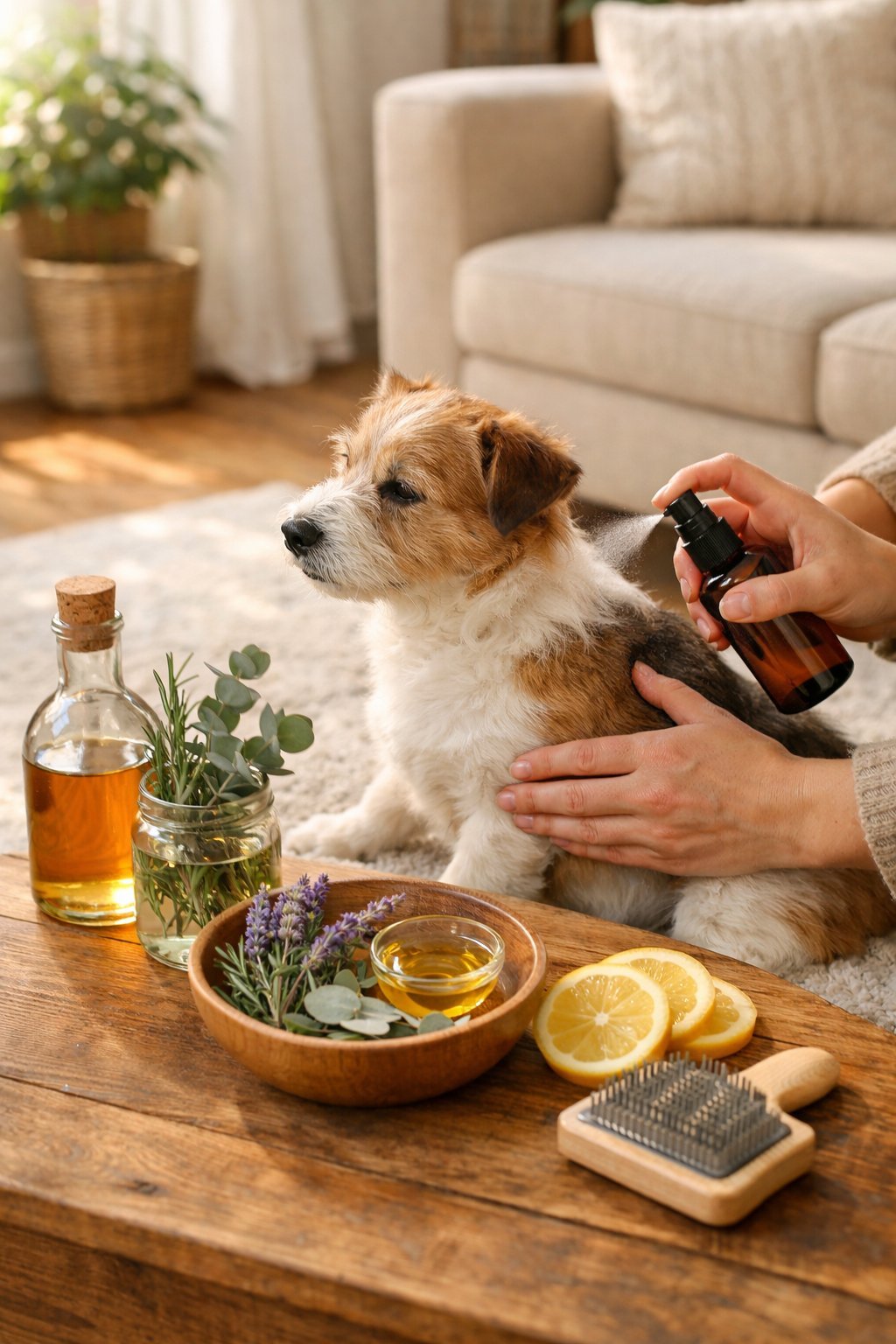 A person applying natural flea treatment to a small dog in a cozy living room with herbal ingredients and grooming tools nearby.