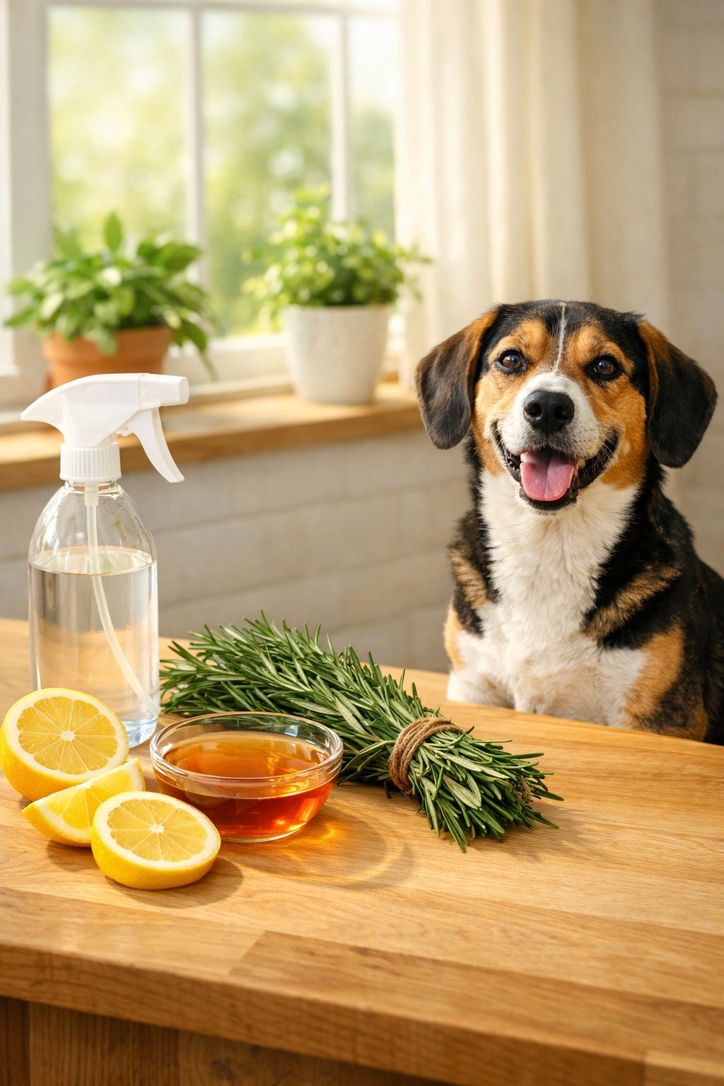 A happy dog sitting on a kitchen counter next to lemon slices, apple cider vinegar, rosemary, and a spray bottle.