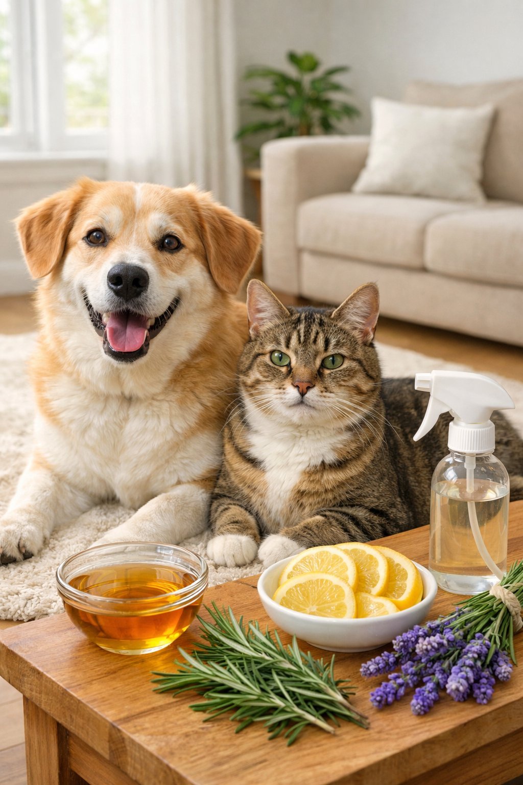 A dog and a cat sitting on a rug in a bright room with natural flea control remedies like apple cider vinegar, lemon slices, and herbs on a nearby table.
