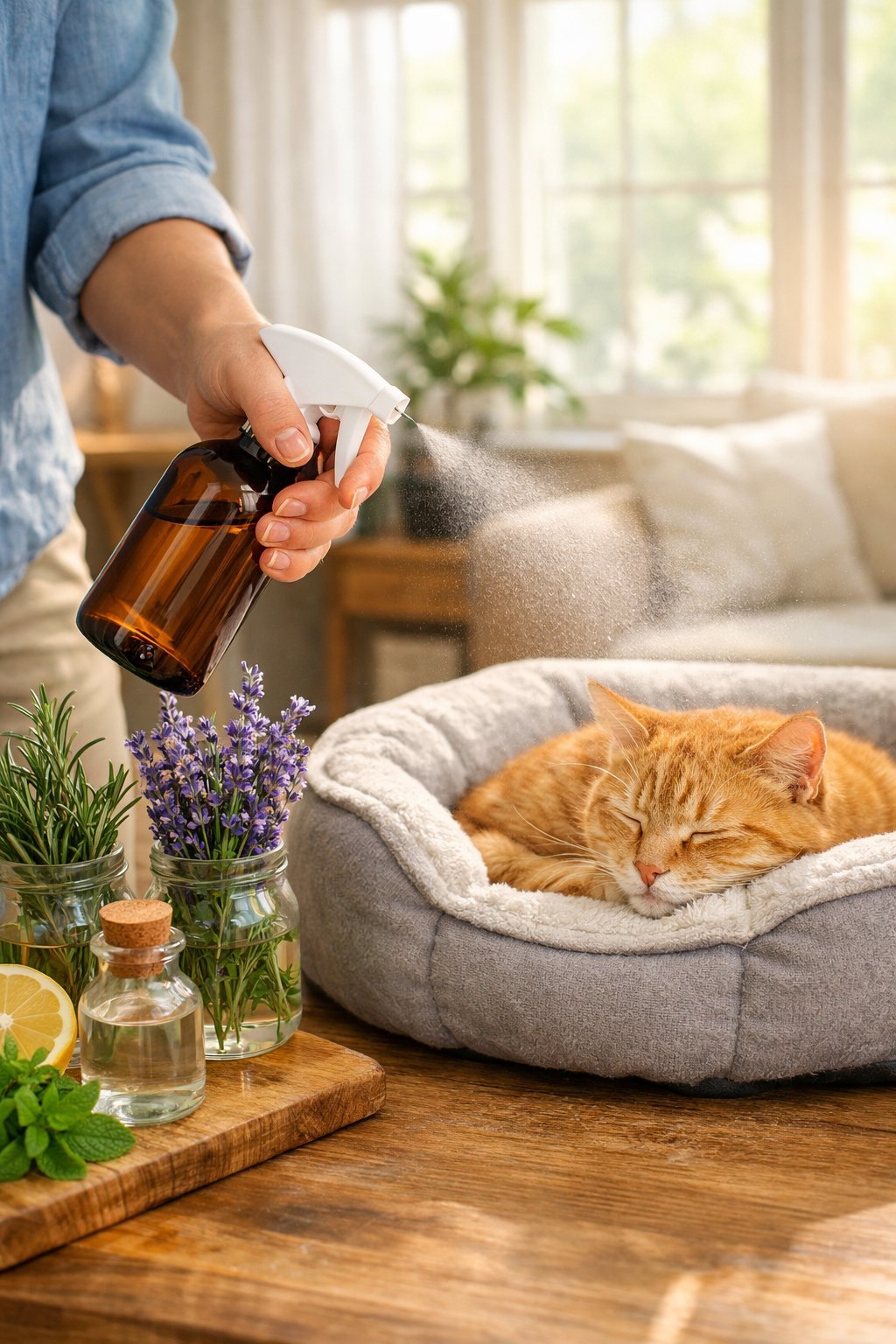 Person applying natural flea repellent near a resting pet in a sunlit living room with fresh herbs on a table.