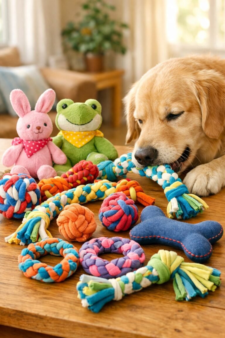 A variety of colorful homemade dog toys on a wooden table with a dog playing nearby.