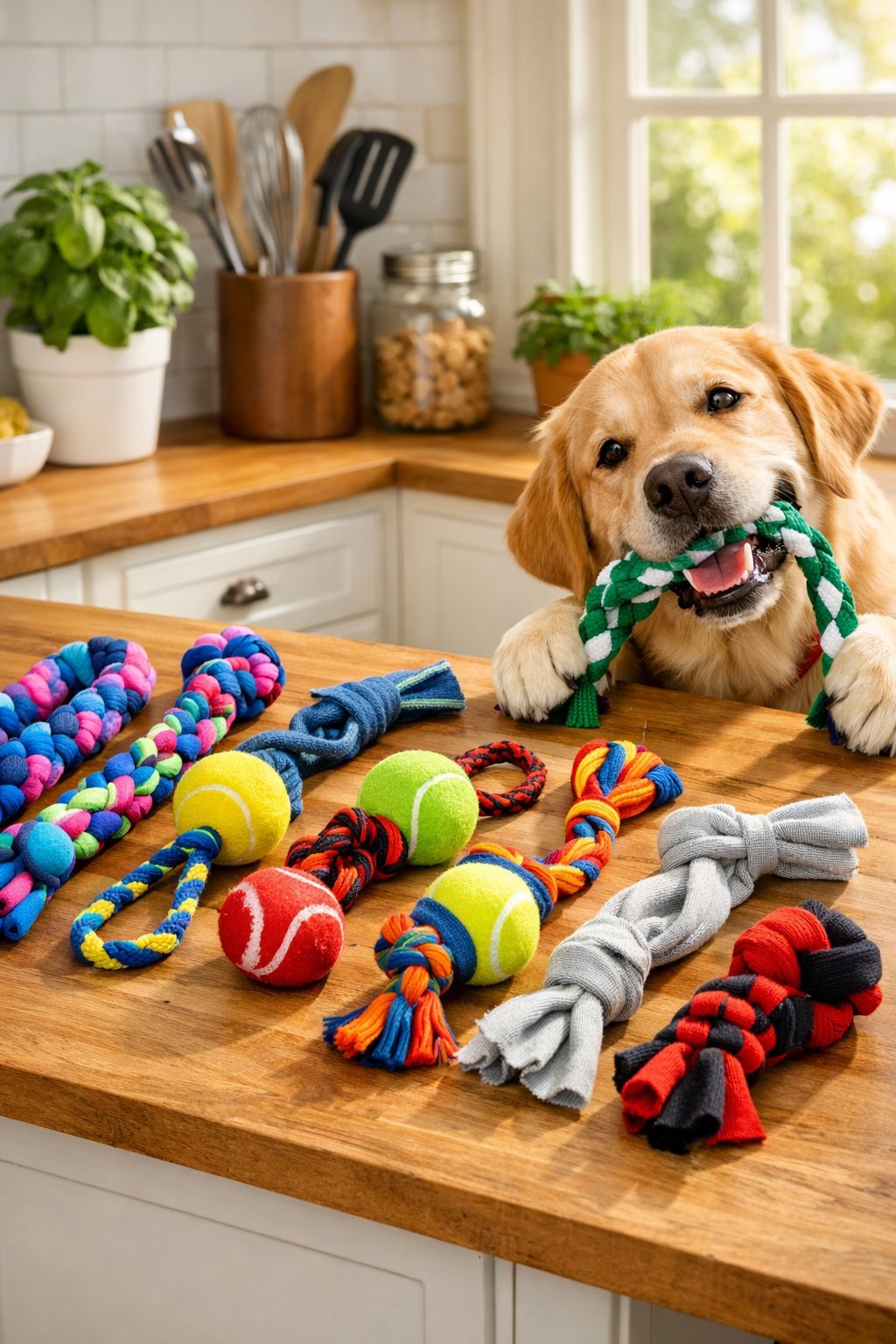 A happy dog playing with homemade dog toys arranged on a kitchen countertop.