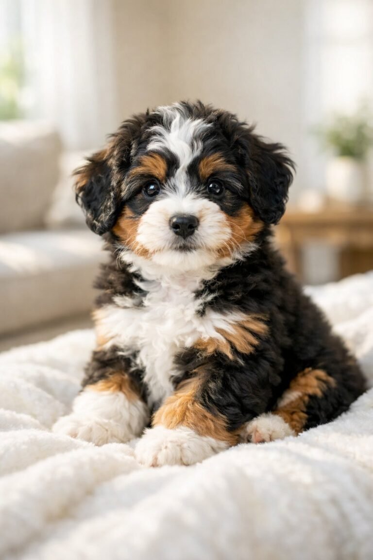 A mini Bernedoodle puppy sitting on a white blanket in a bright living room.