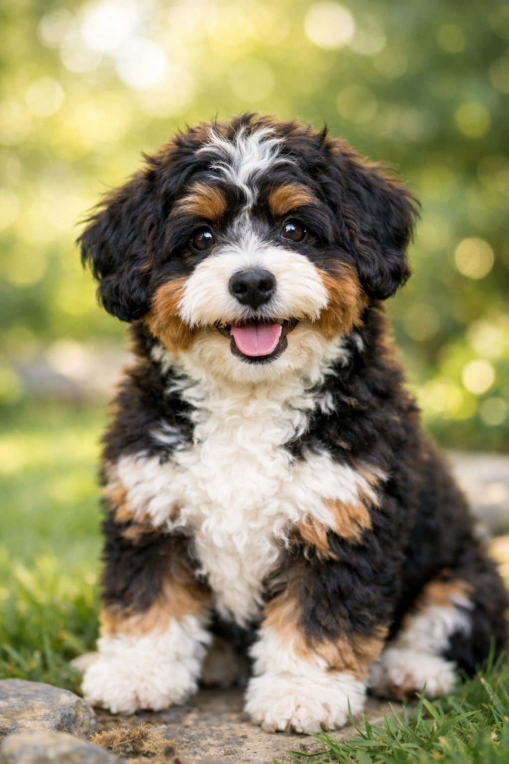 A small mini Bernedoodle dog sitting outdoors with a friendly expression and curly coat.