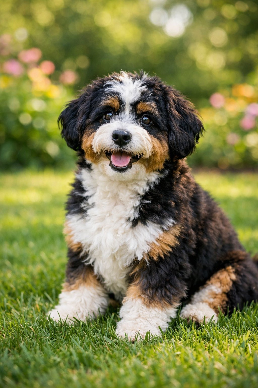 A mini Bernedoodle dog sitting on green grass outdoors, looking happy and alert.