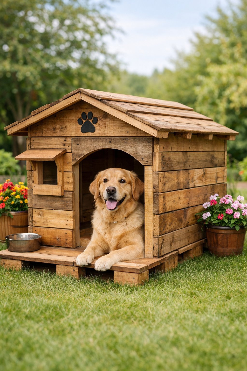 Pallet Dog House: Easy DIY Plans to Build a Cozy Home for Your Furry Friend A medium-sized dog sitting next to a wooden pallet dog house on a grassy lawn with flowers and greenery around.